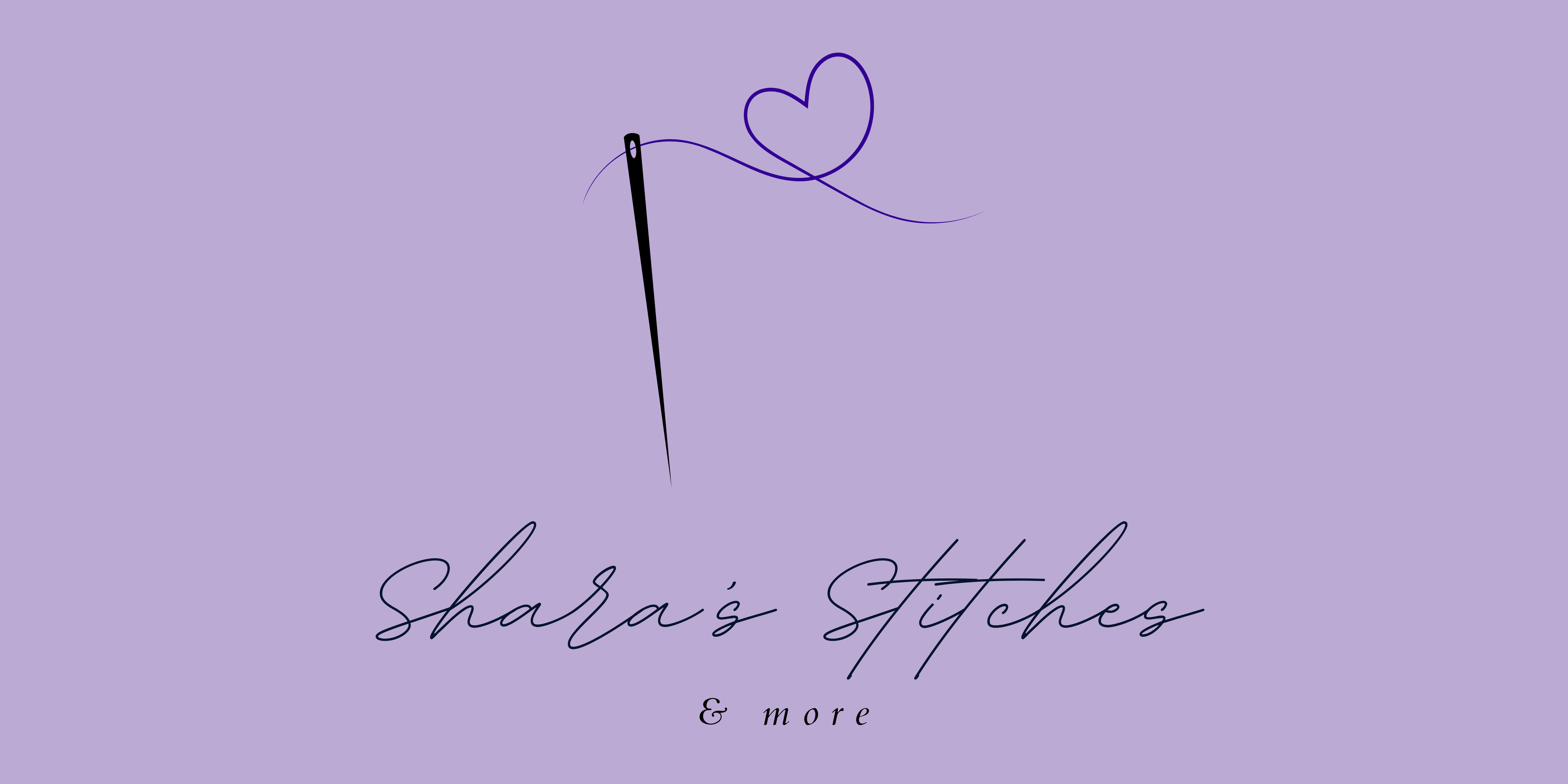 Logo for 'Shara's Stitches & more' with a needle and heart on a purple background